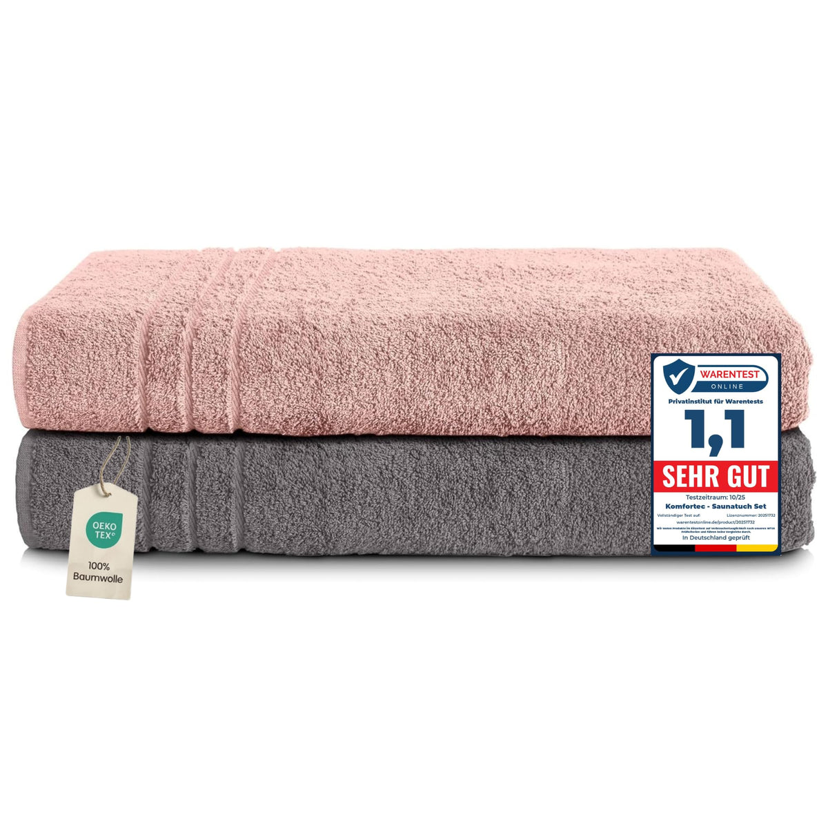 Komfortec Jumbo Bath Towels, 100% Cotton, Quick Dry, 80x200, Grey & Pink