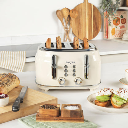 Salter EK5739CRM Retro 4-Slice Toaster  Wide Slots, 6 Browning Levels, Defrost, Reheat, Cancel Functions, Removable Crumb Tray, Extra Thick