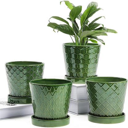 BUYMAX Plant Pots Indoor 5 inch Ceramic Flower Pot with Drainage Hole and Ceramic Tray - Gardening Home Desktop Office Windowsill Decoration Gift,