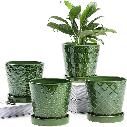BUYMAX Plant Pots Indoor 5 inch Ceramic Flower Pot with Drainage Hole and Ceramic Tray - Gardening Home Desktop Office Windowsill Decoration Gift,