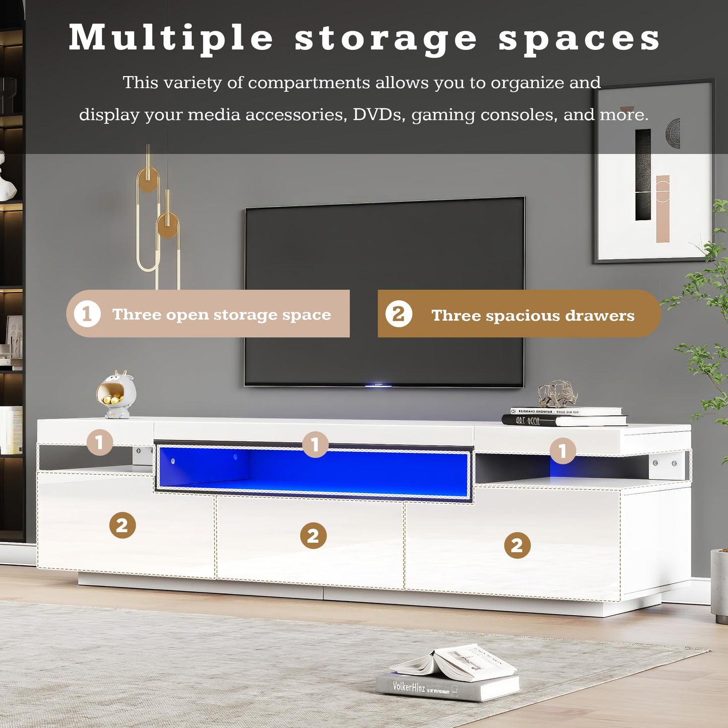 Ball & Cast TV Stand Cabinet for 70-inch TV High Gloss TV Stand Unit with LED Lights 160CM, 3 Drawers, 3 Open Storage Space