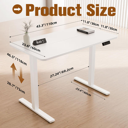 ERGOMAKER Electric Standing Desk 110x60cm, Height Adjustable Desk with Memory Handset, Stand Up Desk with Hooks for Home Office, White
