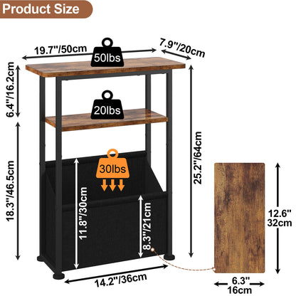 Yusong Narrow Side Table for Small Spaces, Skinny End Table with Storage Basket, 3 Tier Slim Sofa Couch Bedside Table, Thin Nightstand for Bedroom