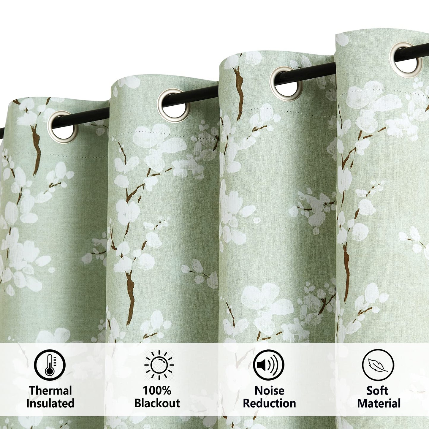 Fmfunctex Green Floral Blackout Curtains for Bedroom 90 inch Drop Eyelet Curtains for Living Room Nursary Blossom Thermal Insulated Window Curtain