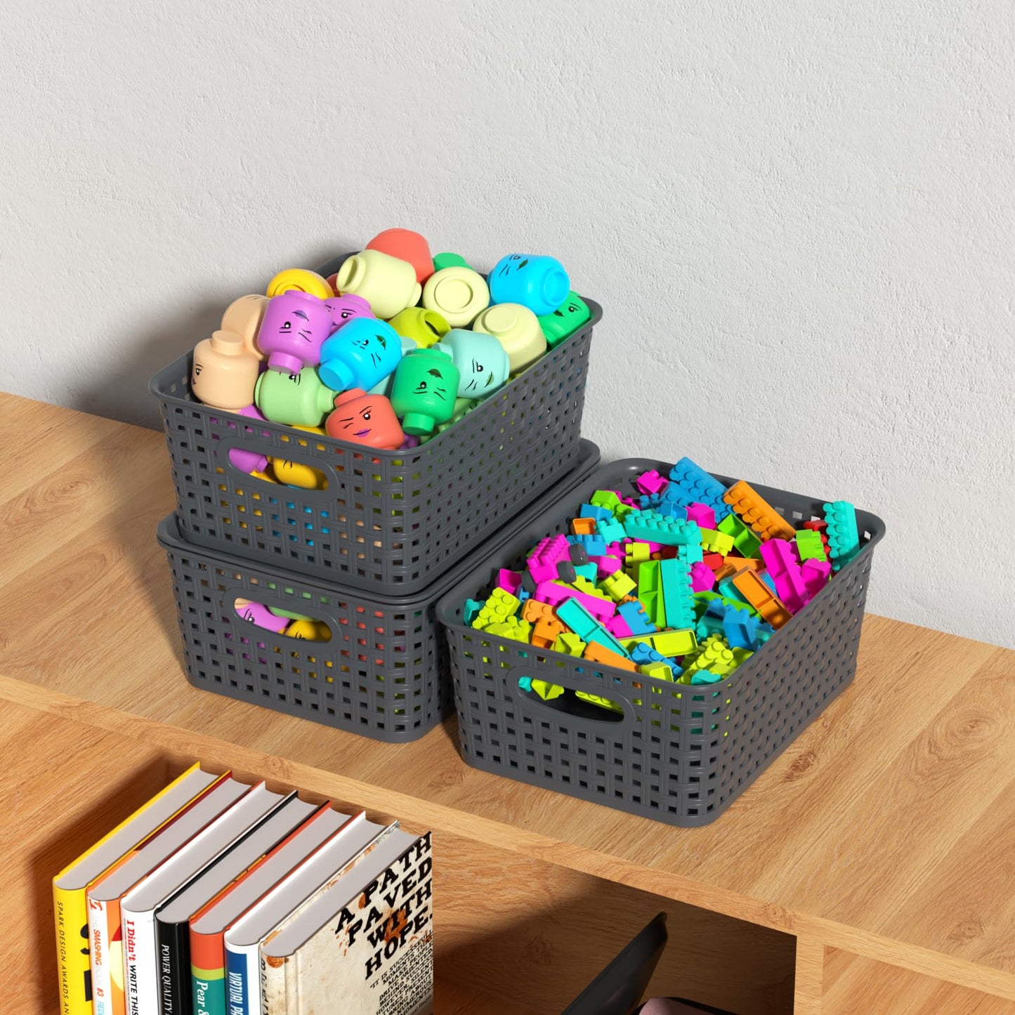 Lesbin 6-Pack Lidded Storage Baskets, ‌Weave Baskets with Lids, Gray