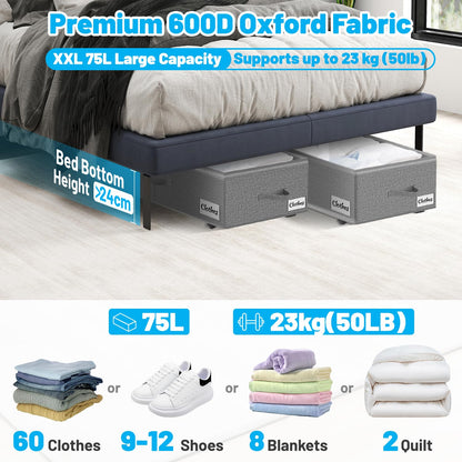 Kukikan Under Bed Storage on Wheels, 2-Pack 24 CM XXL 75L Rolling Under Bed Storage Bag with Zip