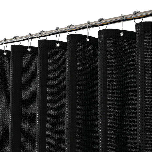 meioro Black Shower Curtain, Mould Proof and Mildew Resistant Waffle Heavy Textured Fabric Shower Curtains with 12 Hooks, 180 x 240cm Luxury Weighted