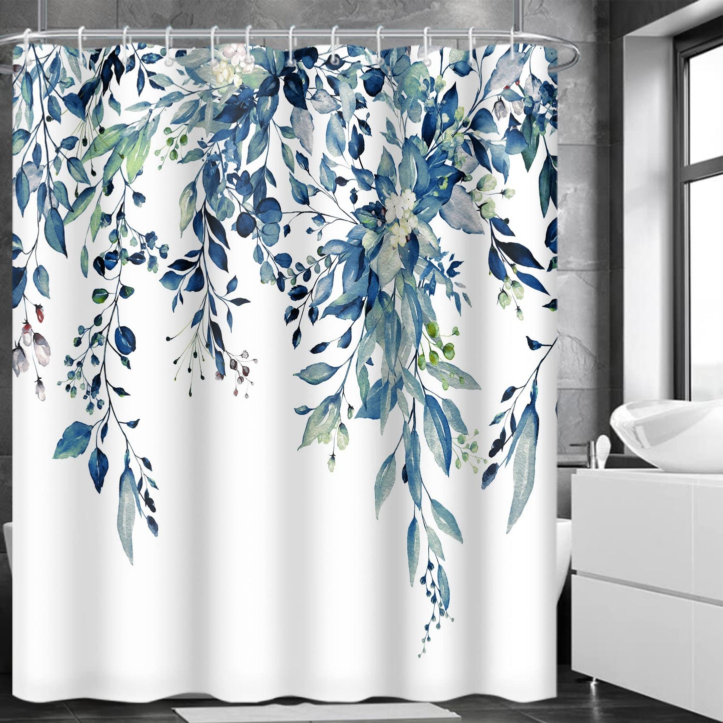 MIRRORANG Shower Curtain, Blue Floral Bathroom Curtains Mildew & Mould Resistant Polyester Bath with 12 Hooks, Waterproof Quick-Drying Fabric Plant