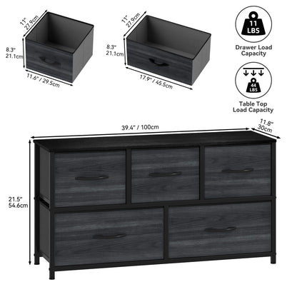 DWVO Chest of Drawers, 5 Fabric Drawers Bedroom Cabinet,Dresser for Bedroom,Living Room With Handles,Wood Top and Sturdy Steel Frame,Charcoal Black