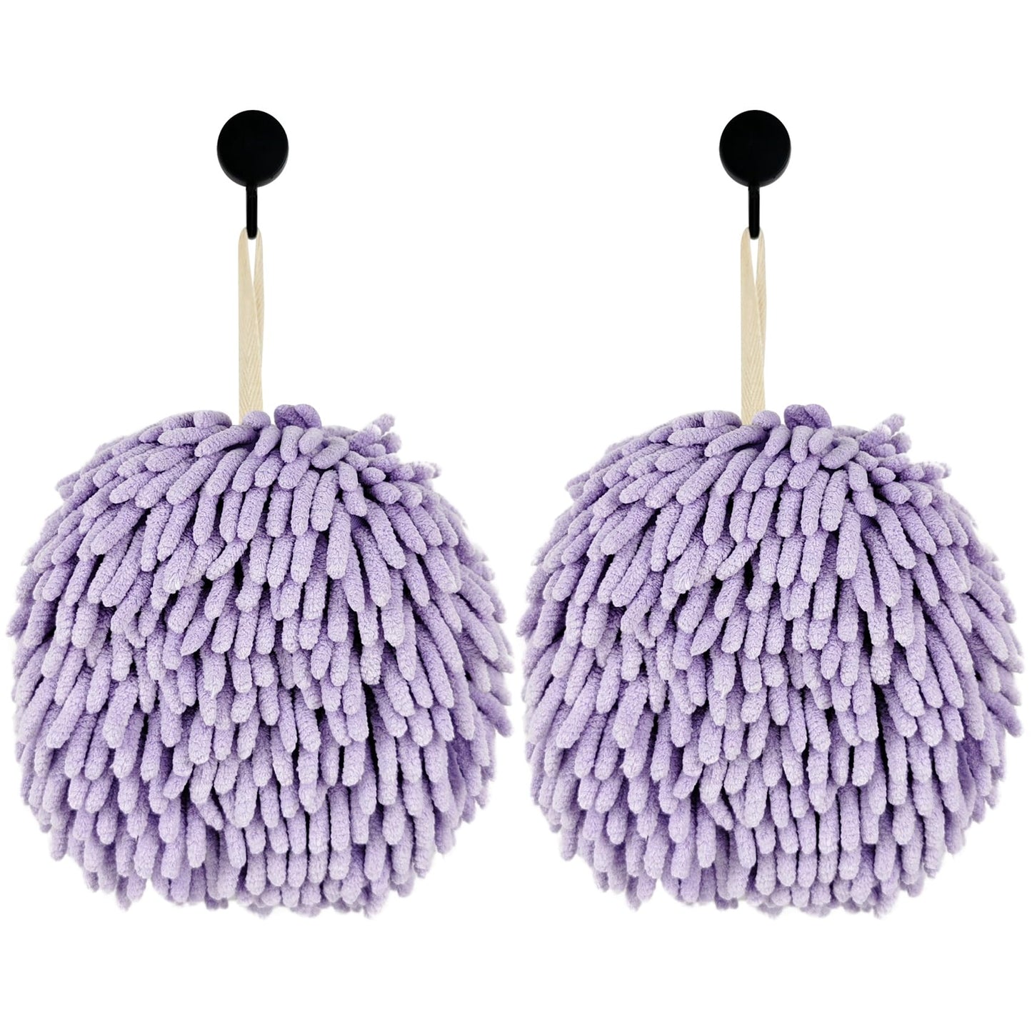 Fuzzy Ball Hand Towels, Set of 2, Chenille Quick Dry, 6.9inch(Purple)