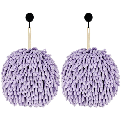 Fuzzy Ball Hand Towels, Set of 2, Chenille Quick Dry, 6.9inch(Purple)