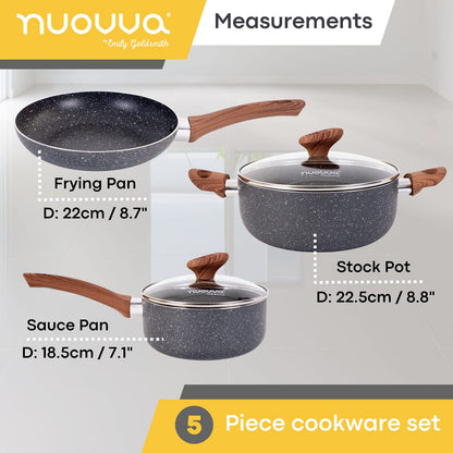 Non Stick Pots and Pans Set  Induction Hob Pots Set  5pcs Kitchen Cookware with Lids  Cooking Marble Saucepan Pots and Frying Pans  by Nuovva