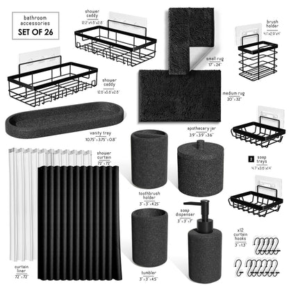 Clara Clark Coal Black Bathroom Set - Bathroom Sets with Shower Curtain and Rugs, 26PC Bathroom Accessory Set