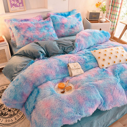 ZIQINPSQ Plush Shaggy Duvet Cover Set,Tie Dye Faux Fur Bedding Set for Teens Girls Soft Velvet Fluffy Fuzzy Comforter Cover Bed Set (Blue, Double)
