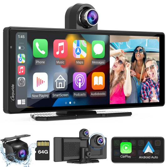 Carpuride W903 Portable Wireless Carplay & Android Auto with Dash Cam - 9.3" HD IPS Screen, 4K Front & Backup Camera, Loop Recording, Bluetooth,