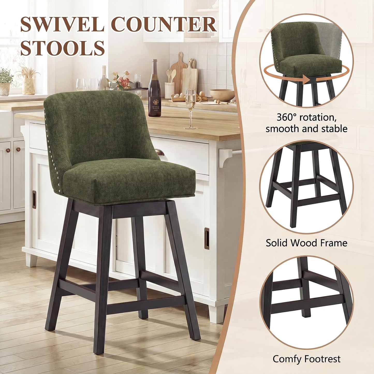 Bar Stools Set of 4, 360° Swivel Upholstered Counter Stools with Back, Wooden Frame Kitchen Bar Chairs with Nailhead Trim