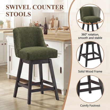 Bar Stools Set of 4, 360° Swivel Upholstered Counter Stools with Back, Wooden Frame Kitchen Bar Chairs with Nailhead Trim