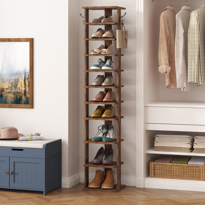 HOME BI 11-Tier Vertical Shoe Rack, Corner Shoe Tower, Slim Shoe Organizer with Two Hanging Hooks, Wooden Shoe Storage Stand for Entryway, Hallway
