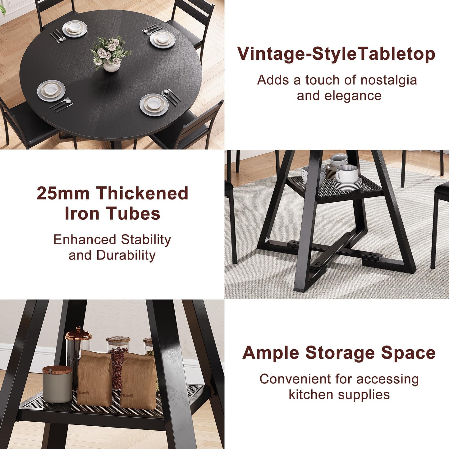 Jocoevol Round Dining Table for 2 People, Circle Dinner Table with Shelves, Space Saving Wood Kitchen & Dining Room Furniture (Black, 31 inch