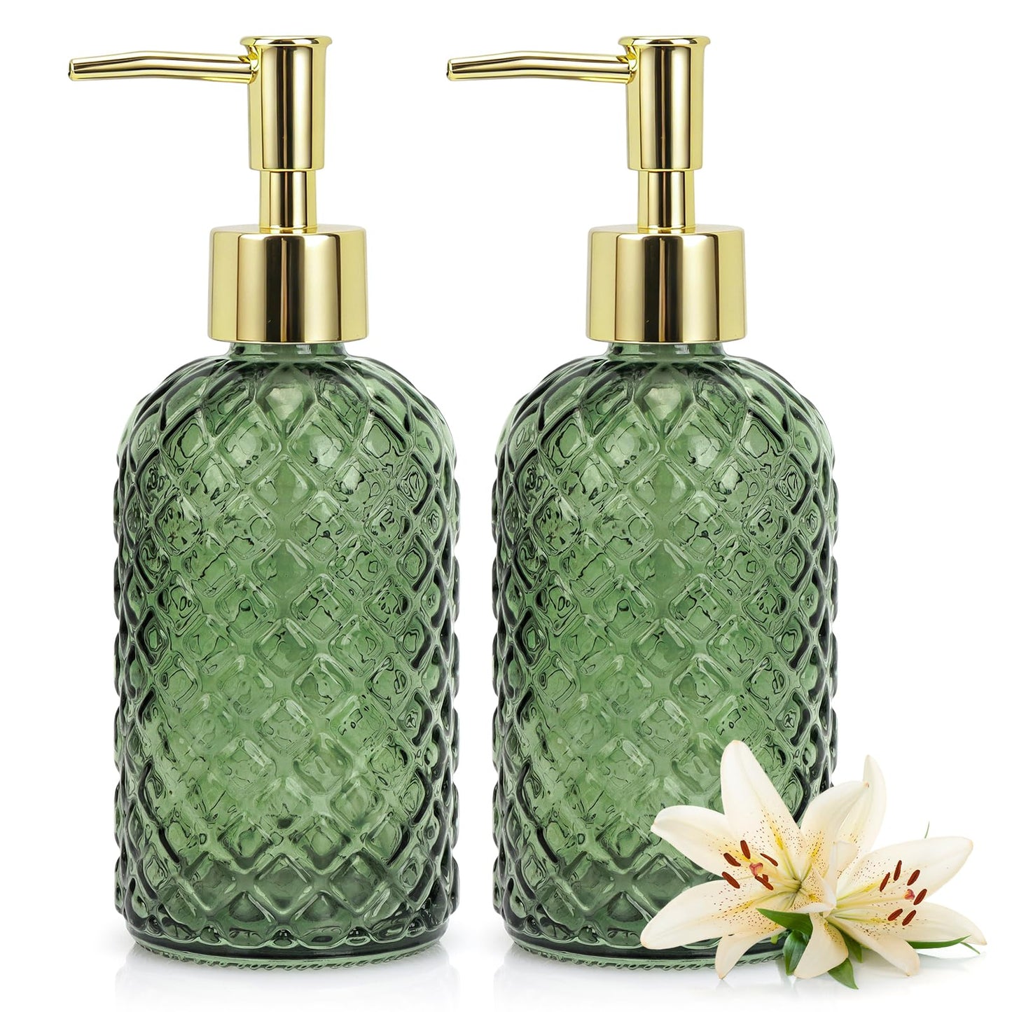 Soap Dispenser - 2 Pack, Clear Glass Refillable Hand Soap Dispensers, Hand and Dish Soap Dispenser, Soap Bottles with Gold Pump