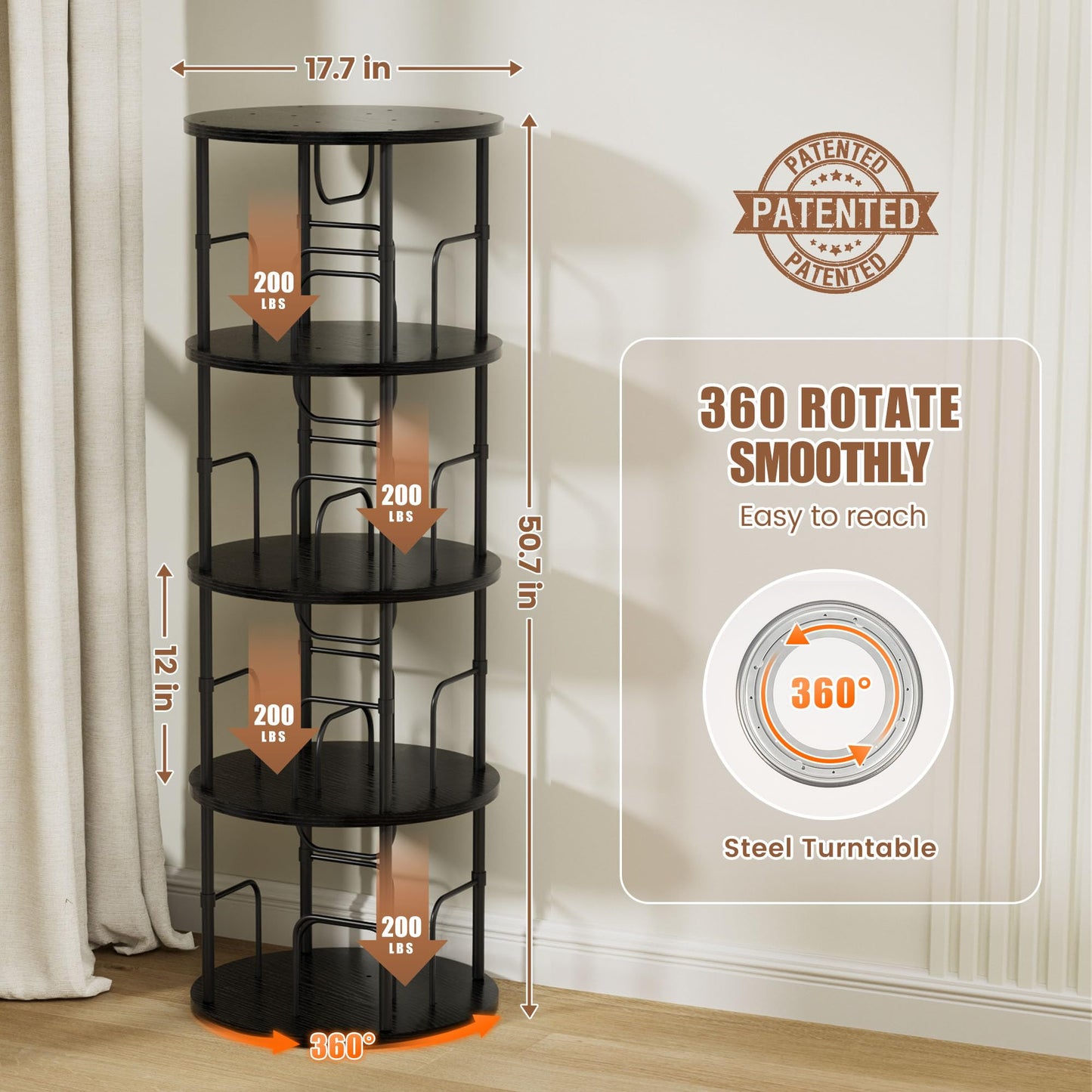 OCTORO 4 Tier Rotating Bookshelf, 360° Corner Bookshelf Tower, Round Revolving Bookcase with Adjustable Levels, Spinning Book Shelf for Home Office