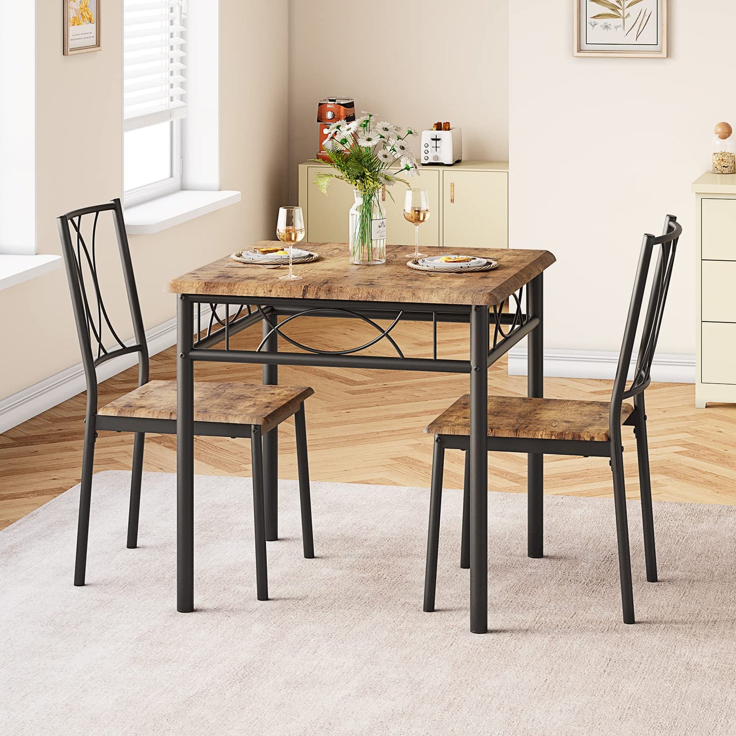 Crevyteg Space Saving Dining Table and 2 Chairs Set for Small Spaces, Compact Kitchen Table Set with Metal Frame and Modern Design for Apartment
