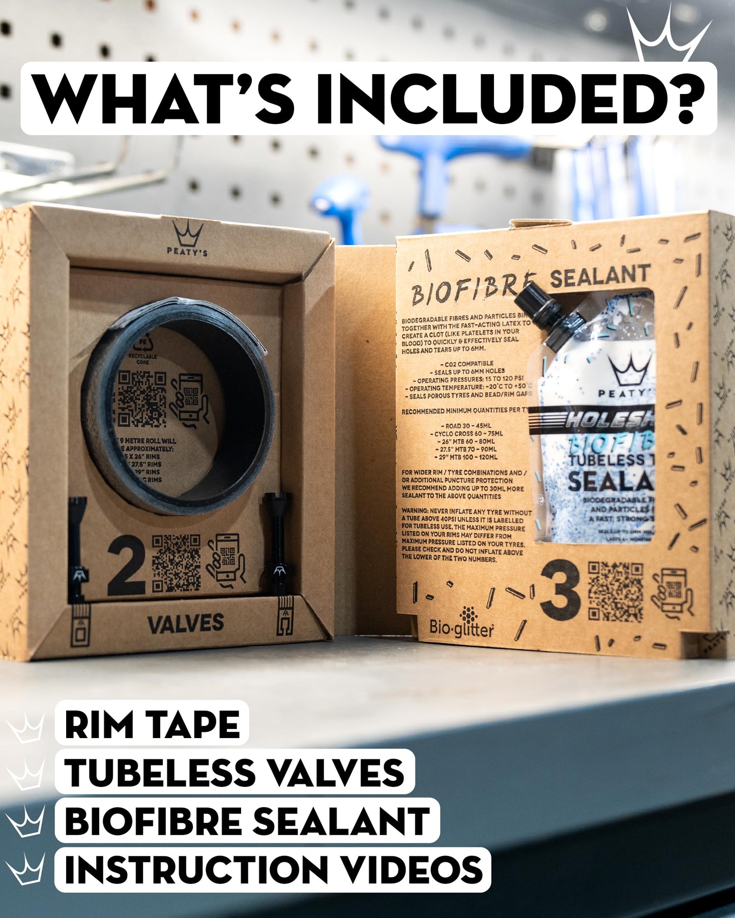 Peaty's Tubeless Wheel Conversion Kit - Enduro & DH - 30mm Tape / 42mm Valves / 2x 120ml Holeshot Biofibre Sealant Pouch, Black, 30mm Enduro & DH
