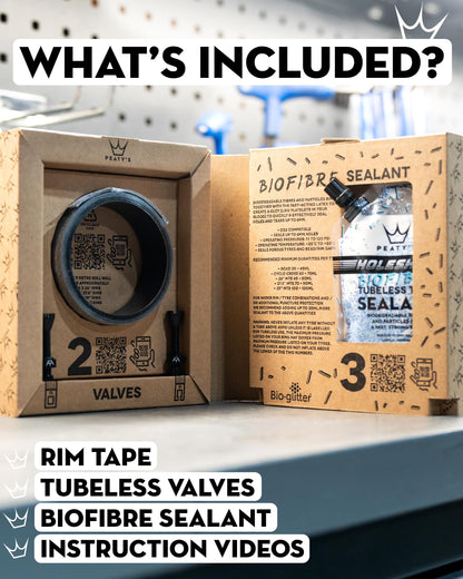 Peaty's Tubeless Wheel Conversion Kit - Road & Gravel - 21mm Tape / 60mm Valves / 1x 120ml Holeshot Biofibre Sealant Pouch,Black