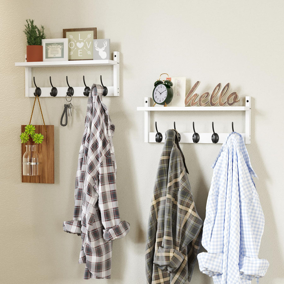 AMBIRD 87cm Wooden Wall Coat Hooks with Shelf - Stylish and Practical Wall-Mounted Storage - 10 Hooks for Hanging Coats, Hats, Keys, Bags, Scarves