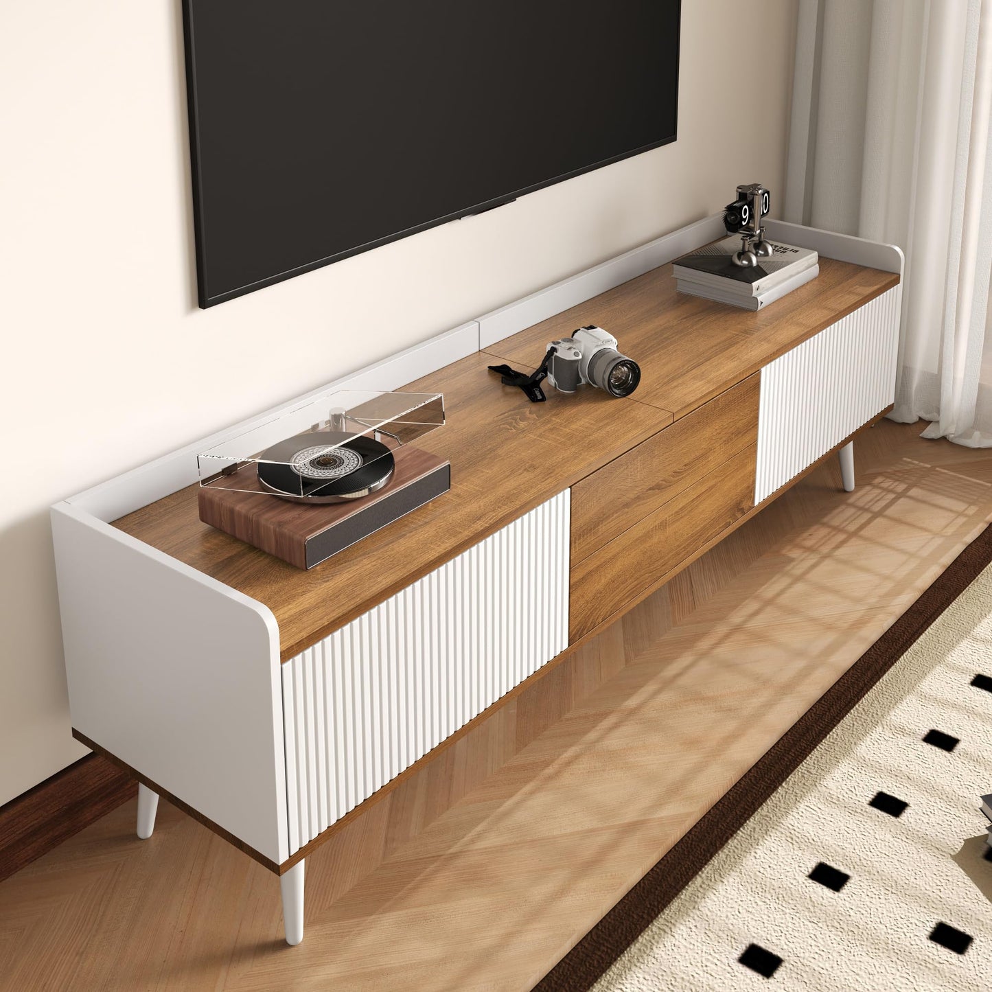 Ball & Cast TV Cabinet 3-Door TV Stand Compact Media Unit with Raised Edge, Striped Doors & Solid Wood Legs 160 × 39 × 49.5 cm - White & Natural Wood