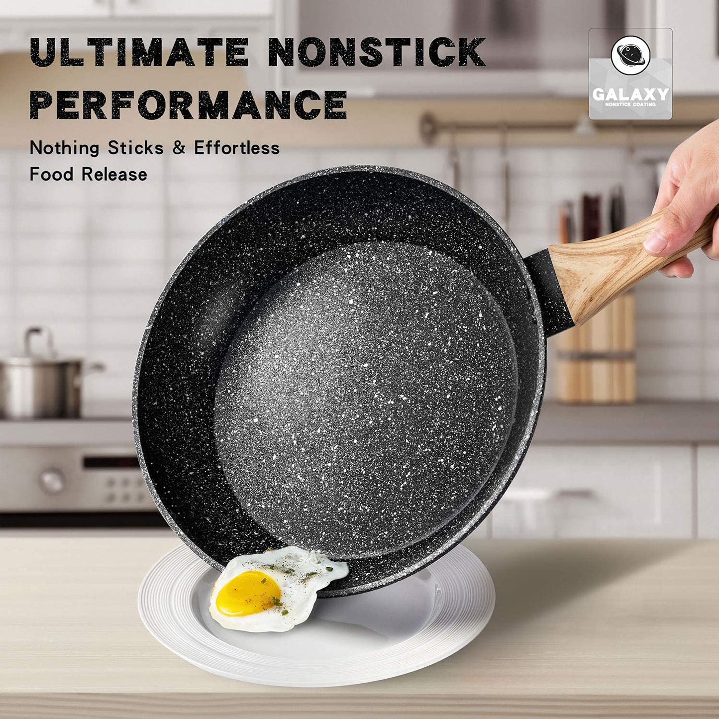 MICHELANGELO Frying Pan with Lid 30cm, Stone-Derived with Bakelite Handle, Granite Pan for Induction, Large Skillet Non Stick 30cm, Black
