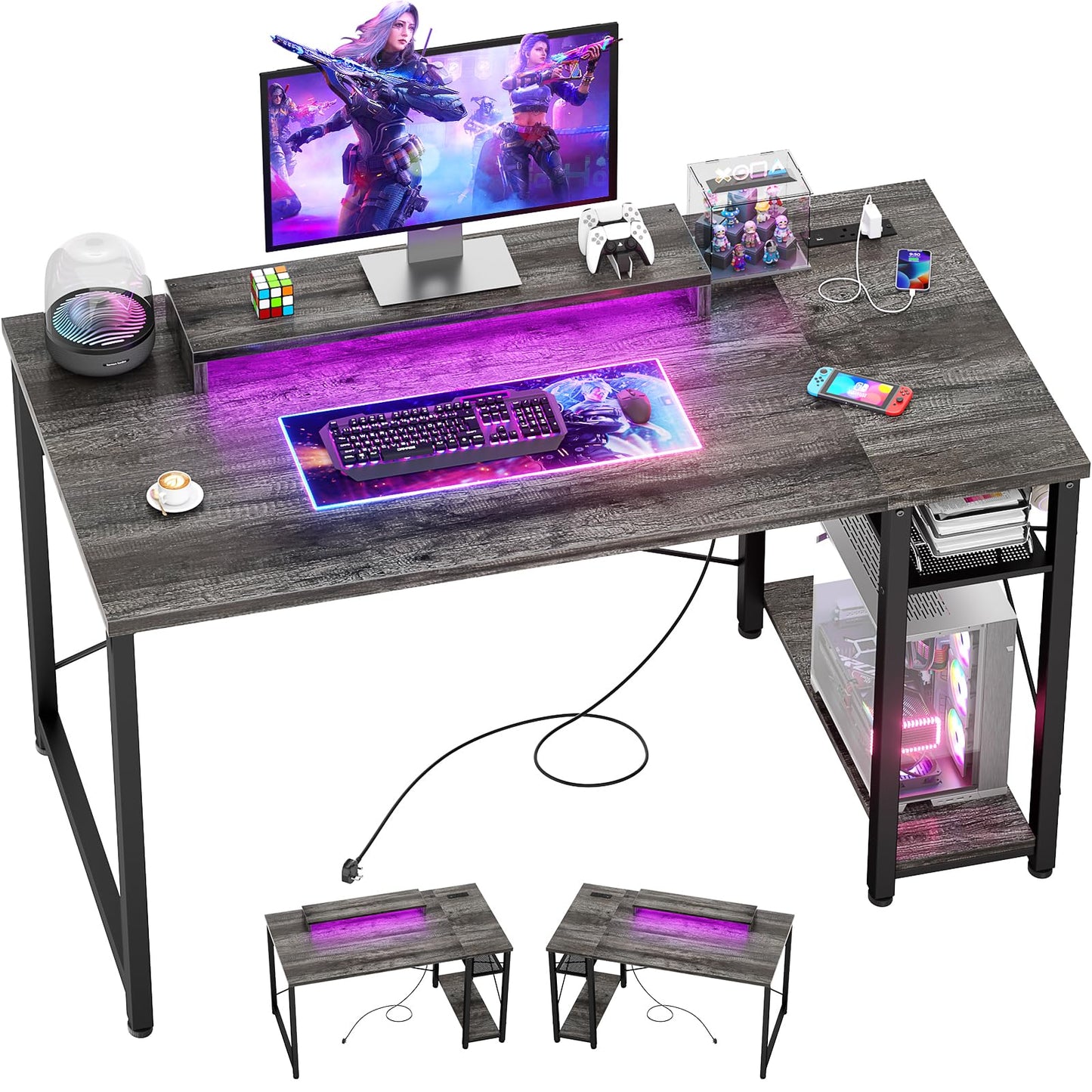 iSunirm Gaming Desk with LED Lights & Power Outlet, Reversible Computer Desk with Moveable Monitor Stand