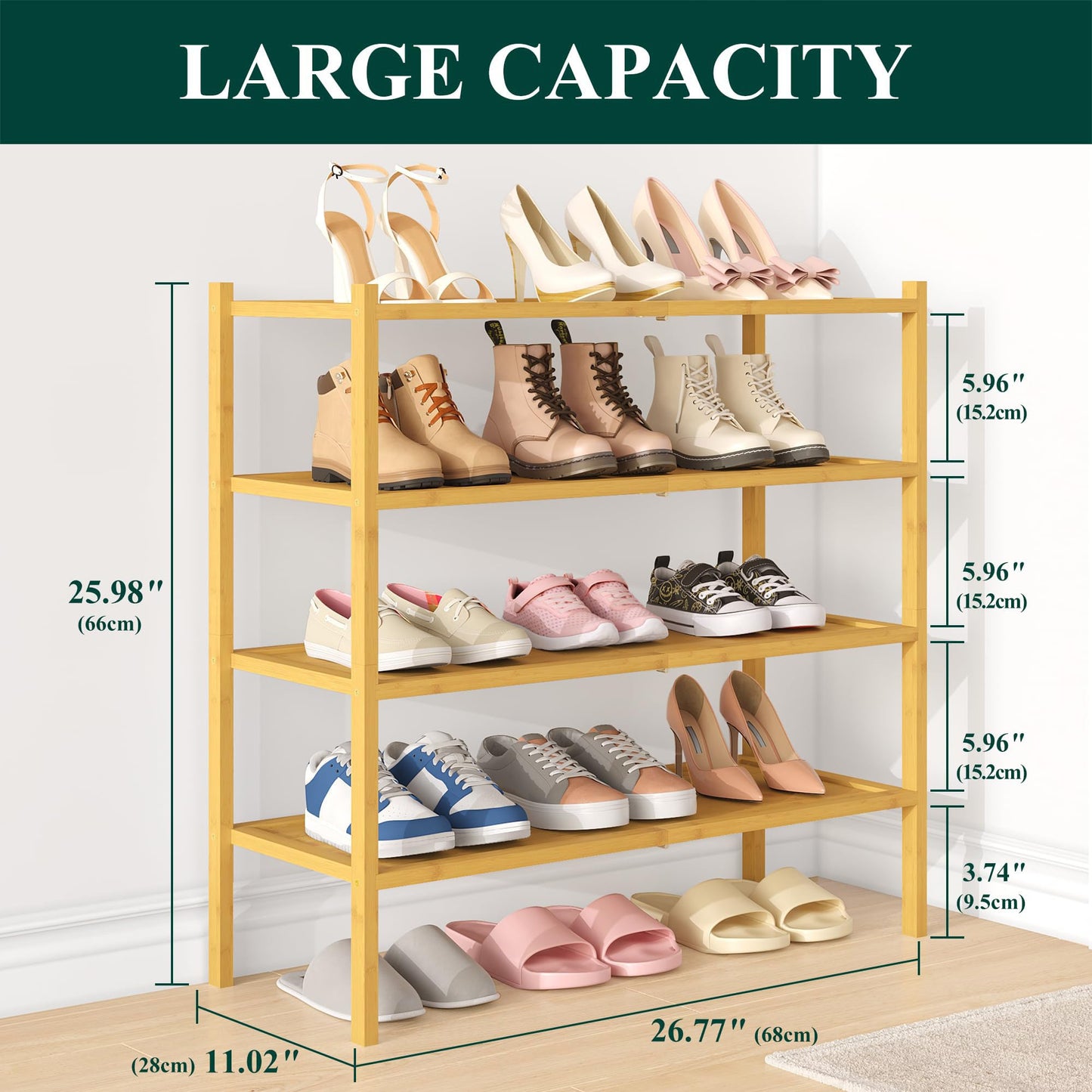smiry Bamboo Shoe Rack, 4 Tier Shoe Organizer for Entryway & Living Room, Stackable Free Standing Storage Shelf for Shoes, Bags & Plants, Natural