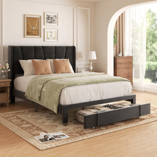 viplov King Size Bed Frame, Upholstered Platform Bed with Tufted Headboard & Wing Side and Storage Drawers, Wood Slat Support, Mattress Foundation, No