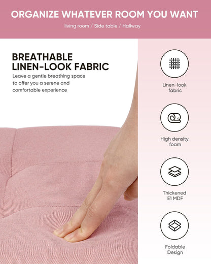 Bonlife Storage Ottoman, Folding Small Foot Rest,Toy Chest Storage Footrest Seat, Footstool for Living Room, Bedroom, Dorm, Fabric,Pink,42x32x32cm