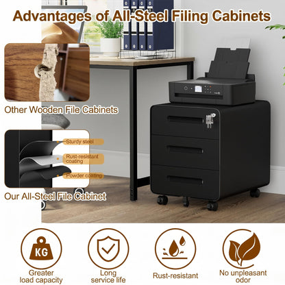HOMSTEEL Mobile File Cabinet, Metal Filing Cabinet with Lock, 4 keys, 3 Drawers, Rounded Corner, Pre-assembled, for Office, Home office, Black