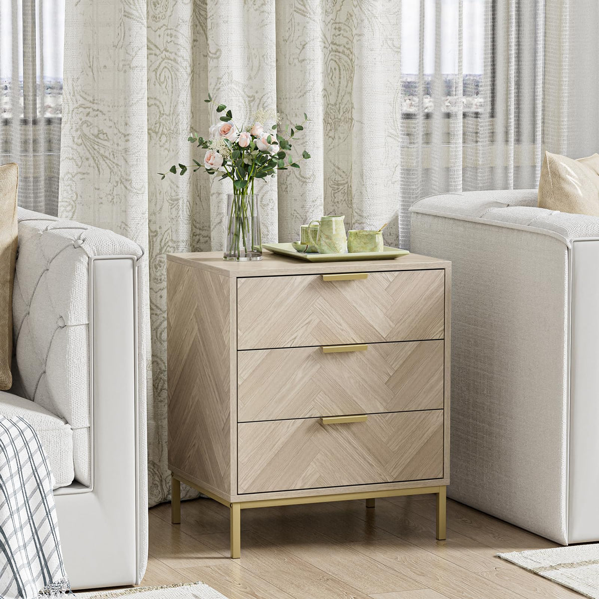 Skokliz Bedside Table with 3 Drawers, Nigntstand for Bedroom, Wood End Table for Living Room, Small spaces, oak
