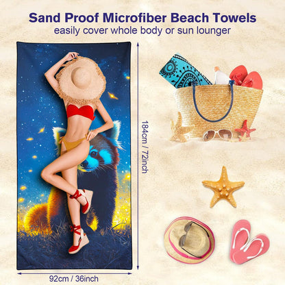 Violetpos Starry Red Panda Beach Towel, Extra Large 180x90 cm 250GSM Microfibre, Sand Free Quick Dry