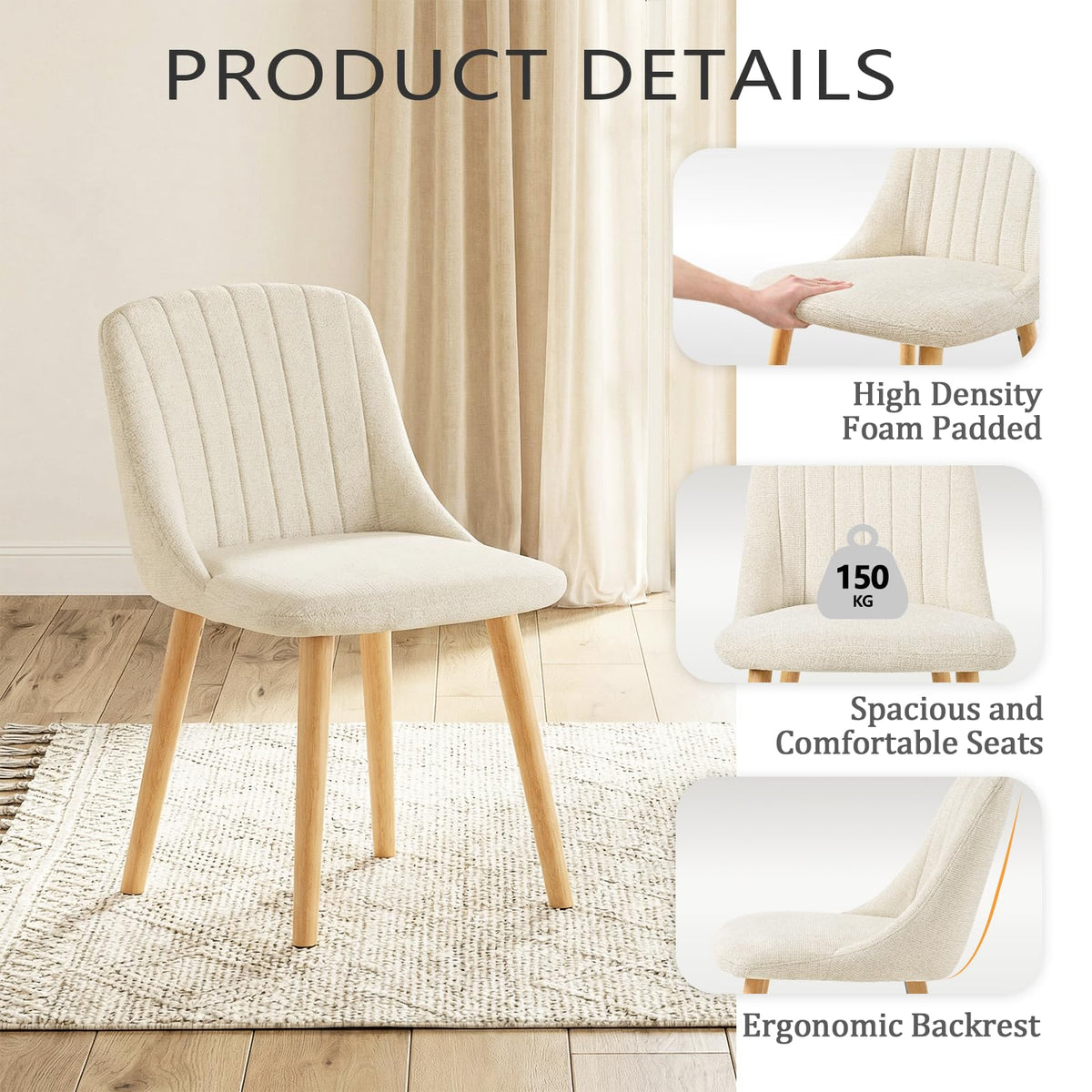 Goeurvant Dining Chairs Set of 4 Upholstered Armchairs with Wooden Legs Kitchen Chairs for Living Room, Beige-Chenille