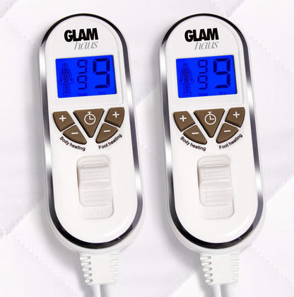 GlamHaus Super King Size Electric Blanket Dual Control - Fitted Mattress Fitted Bed Under Cover With Elasticated Skirt - Premium White Diamond Quilted