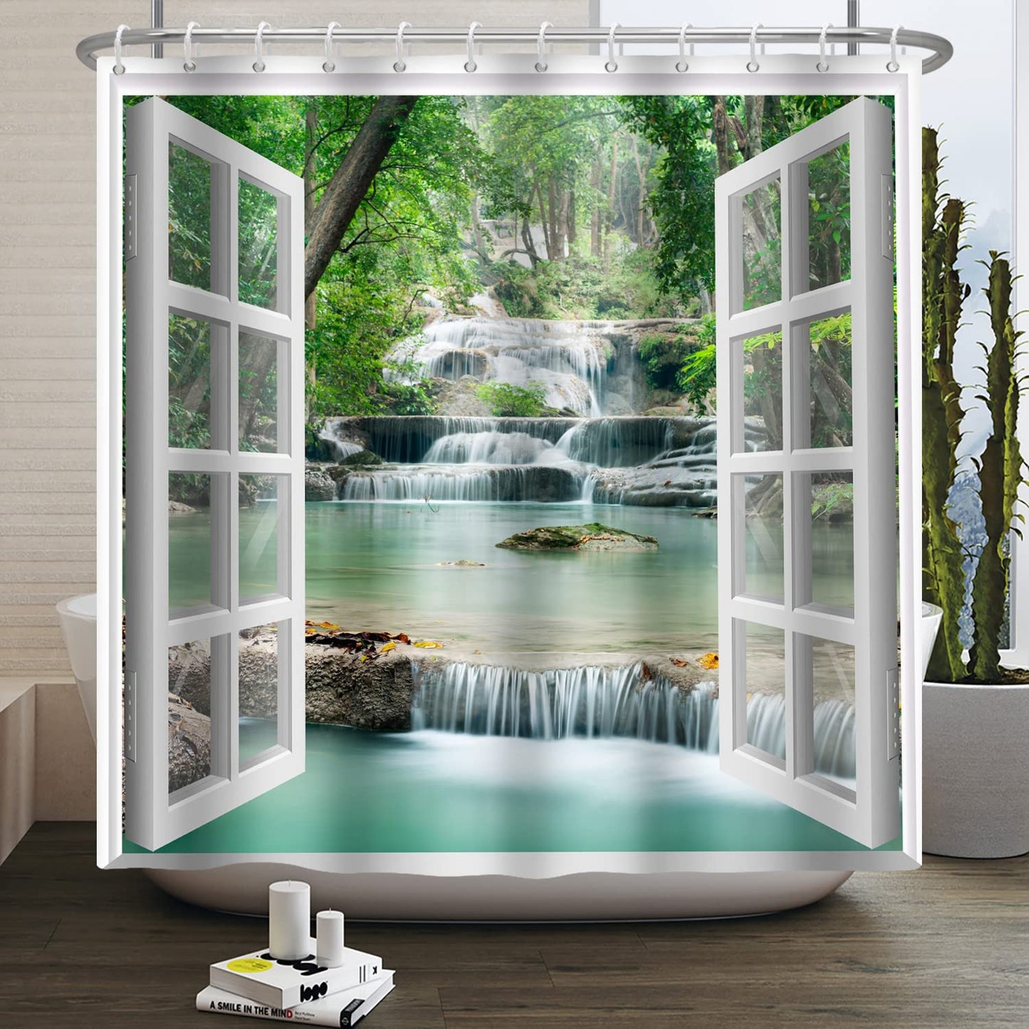 SDOTPMT 90x180cm Window View Shower Curtain Spring Waterfall Trees Natural Scenery Wilderness Landscape Bath Curtain White Window Picture Modern Art