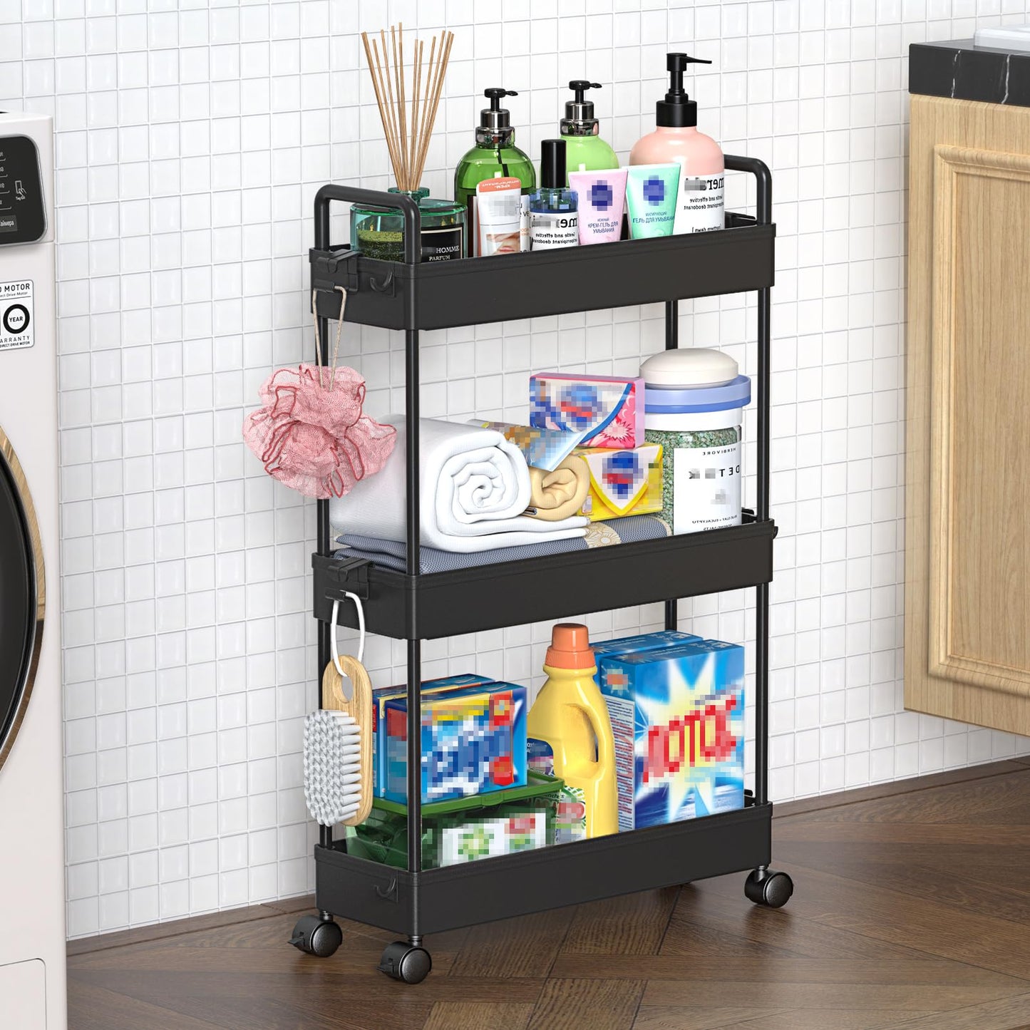 SOLEJAZZ 3-Tier Storage Trolley Cart Slide-out Slim Rolling Utility Cart Mobile Storage Shelving Organizer for Kitchen, Bathroom, Laundry Room