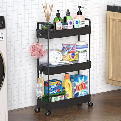 SOLEJAZZ 3-Tier Storage Trolley Cart Slide-out Slim Rolling Utility Cart Mobile Storage Shelving Organizer for Kitchen, Bathroom, Laundry Room