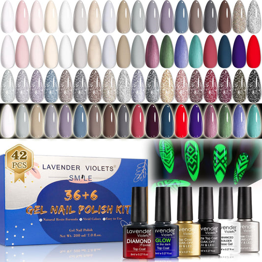 42 Pcs Morandi UV Gel Nail Polish Set - Autumn Winter Warm Tones Full Range with Glow in The Dark Top Coat, No Wipe Matte/Diamond Builder Base, Soak