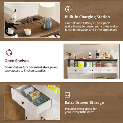 BonVache Sideboards Cabinet with Power Outlets,Wooden Storage Sideboard with Adjustable Shelf,3 Drawers and Open Shelf,Buffet Cupboard for Living