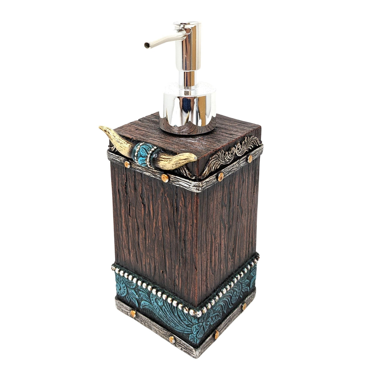 BestGiftEver Southwestern Soap Dispenser - Cowboy Bathroom Accessories - Faux Horns and Tooled Leather-Inspired Soap Pump - Native Indian Home Decor -