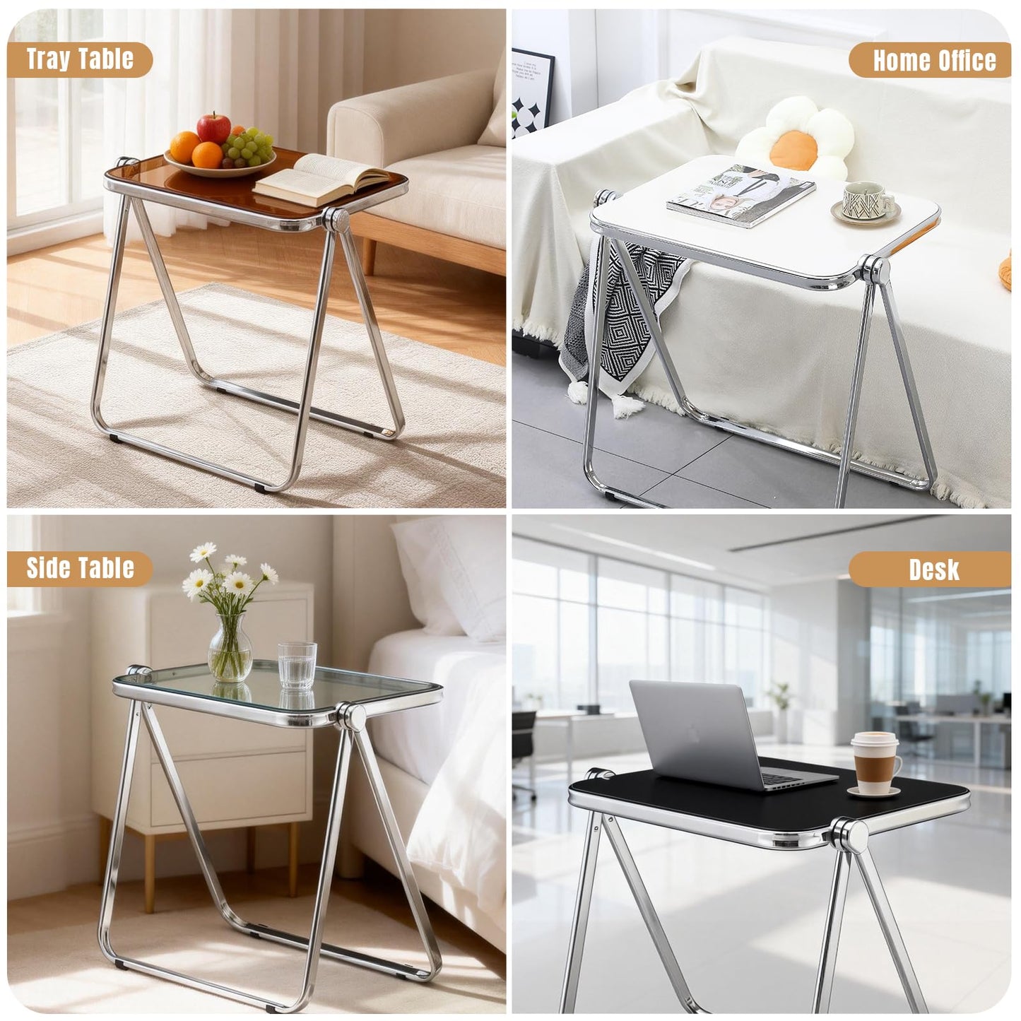 TAO ONE Acrylic Folding Table - Modern TV Tray Dinner Table - Small Folding Table Foldable Computer Desks Space-Saving with Chrome Frame No Assembly
