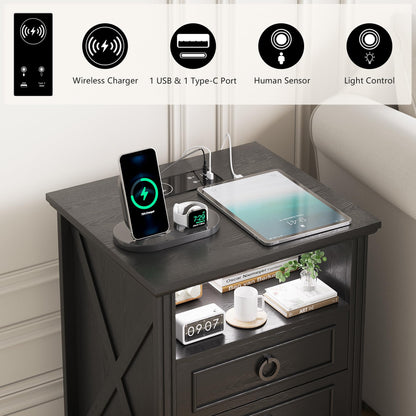 FREDEES LED Bedside Table with Charging Station, Black