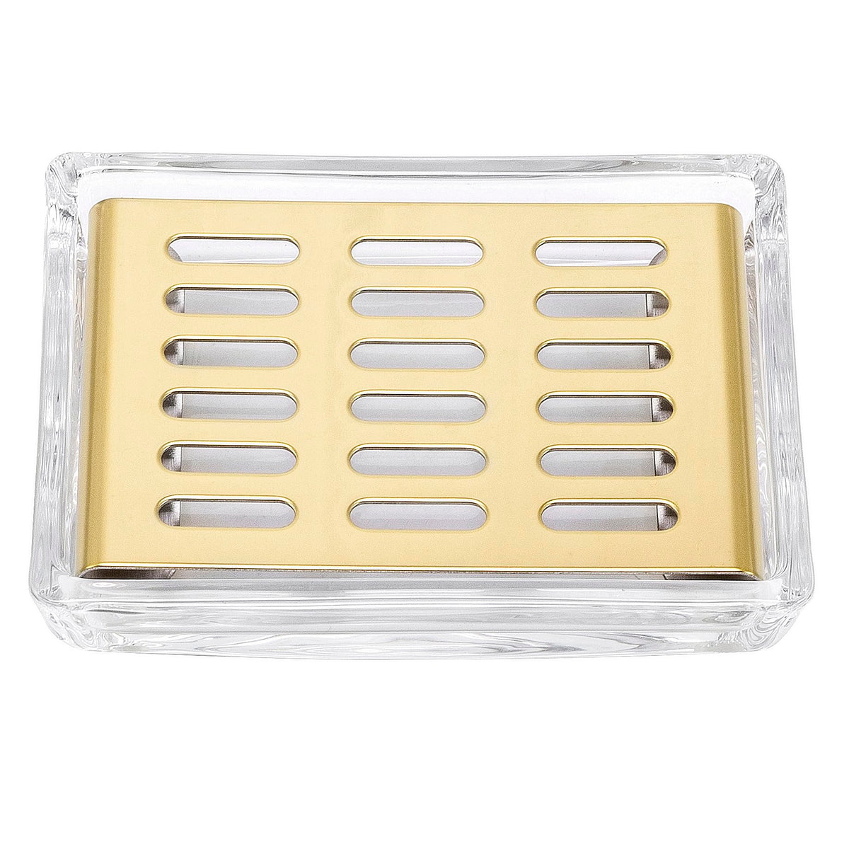 Glass Soap Dish (11.3 x 8.5 x 2.4cm) Stainless Steel Soap Holder for Bathroom and Shower Double Layer Draining Soap Box (Gold tray)