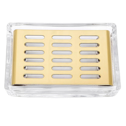 Glass Soap Dish (11.3 x 8.5 x 2.4cm) Stainless Steel Soap Holder for Bathroom and Shower Double Layer Draining Soap Box (Gold tray)